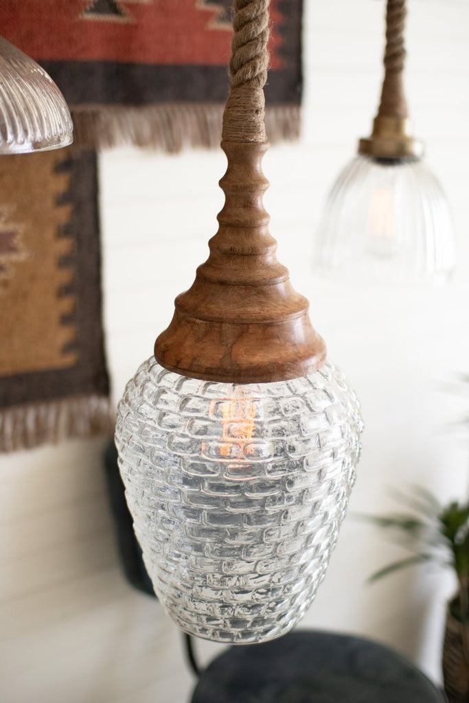 CLEAR GLASS AND MANGO WOOD PENDANT LIGHT WITH ROPE