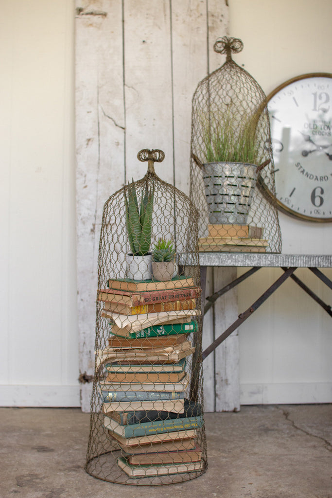 SET OF TWO WIRE CLOCHE TOPIARIES-OLD GOLD