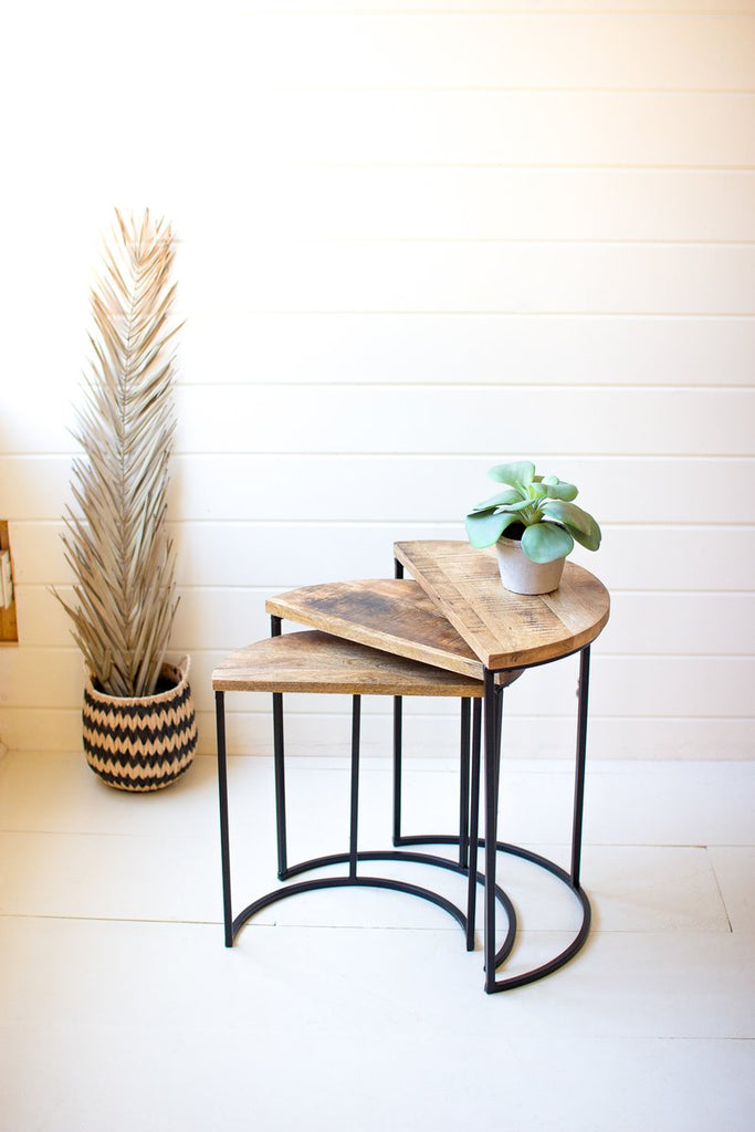 SET OF THREE NESTING DEMI LUNE WOOD AND IRON SIDE TABLES