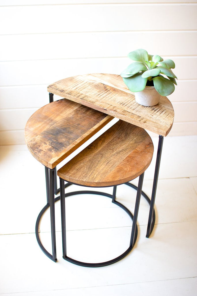 SET OF THREE NESTING DEMI LUNE WOOD AND IRON SIDE TABLES