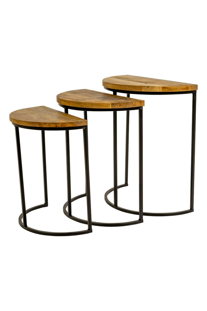 SET OF THREE NESTING DEMI LUNE WOOD AND IRON SIDE TABLES