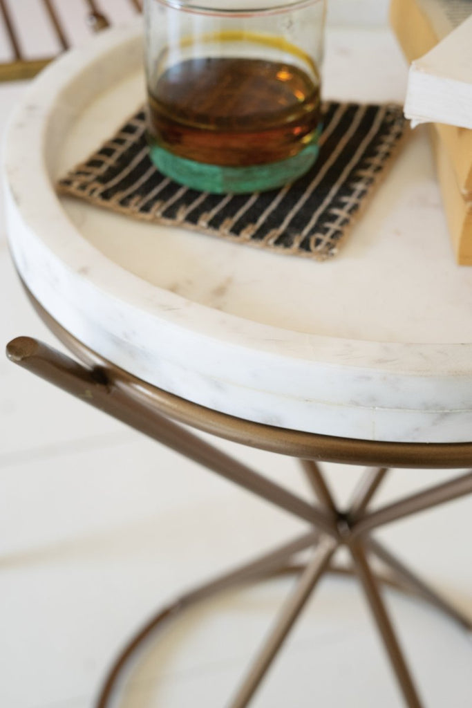 IRON HOUR GLASS SIDE TABLE WITH MARBLE TOP