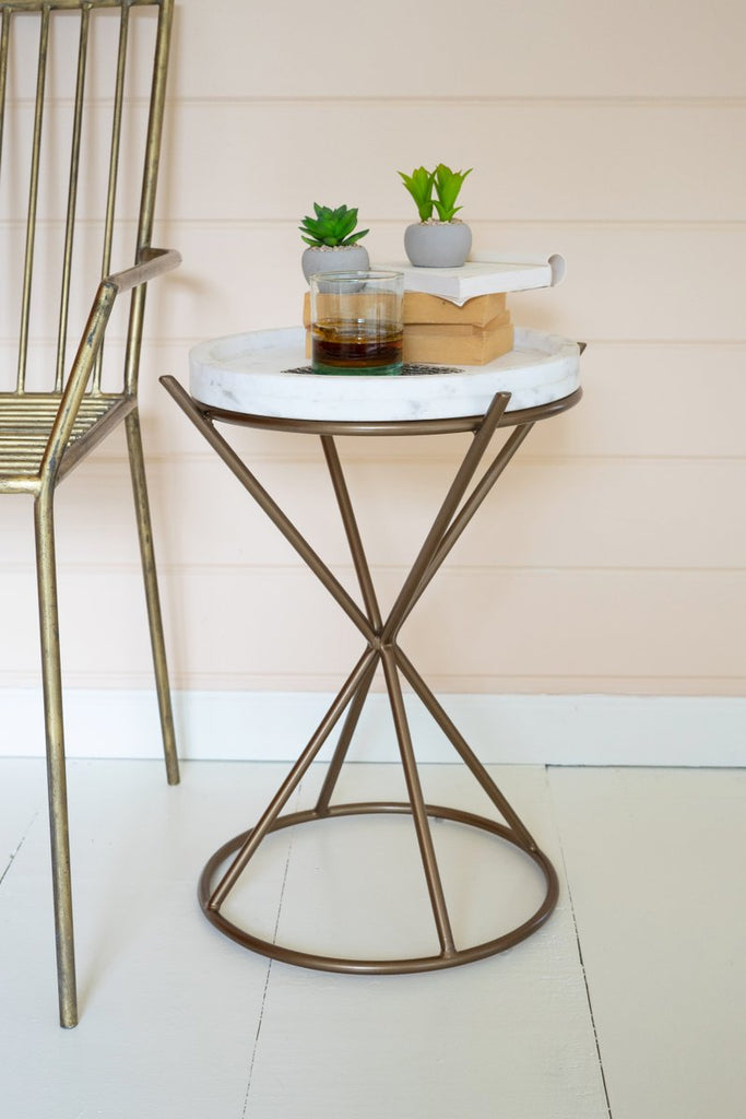 IRON HOUR GLASS SIDE TABLE WITH MARBLE TOP