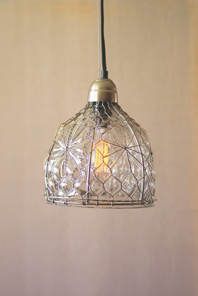CAGED GLASS PEND LAMP W BRUSHED NICKEL CAP AND CANOPY