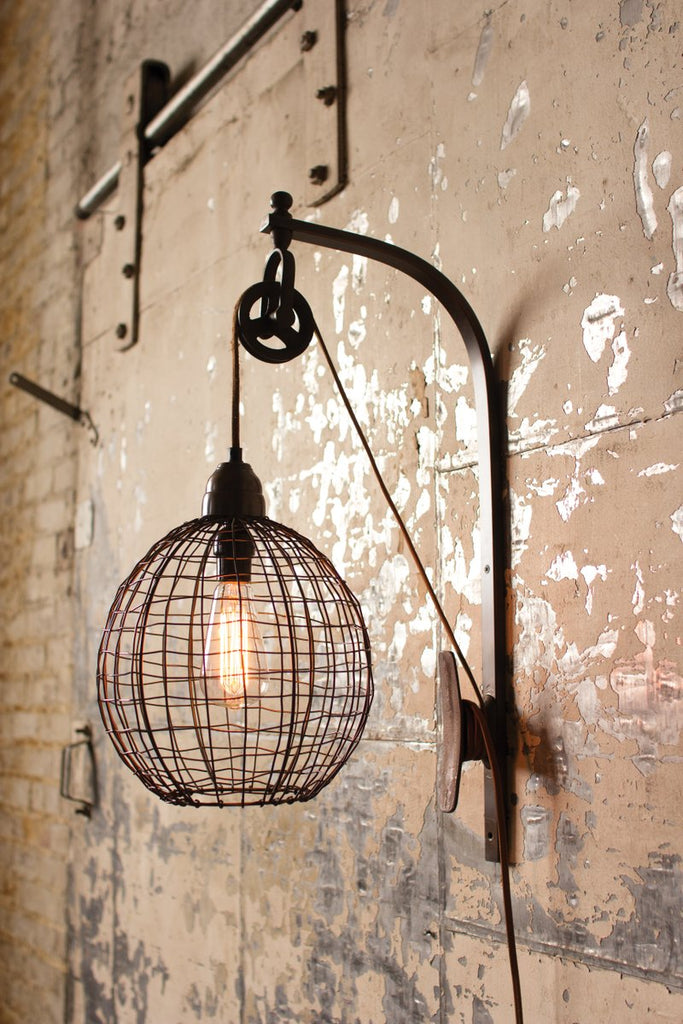 WIRE SPHERE WALL SCONCE WITH PULLEY