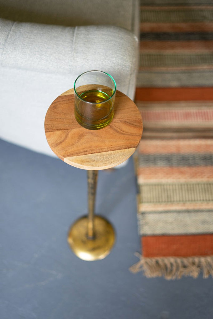 ANTIQUE BRASS COCKTAIL TABLE WITH ACACIA WOOD TOP