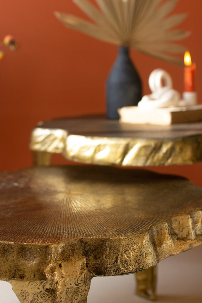 SET OF TWO ALUMINUM COFFEE TABLES WITH ANTIQUE BRASS FINISH