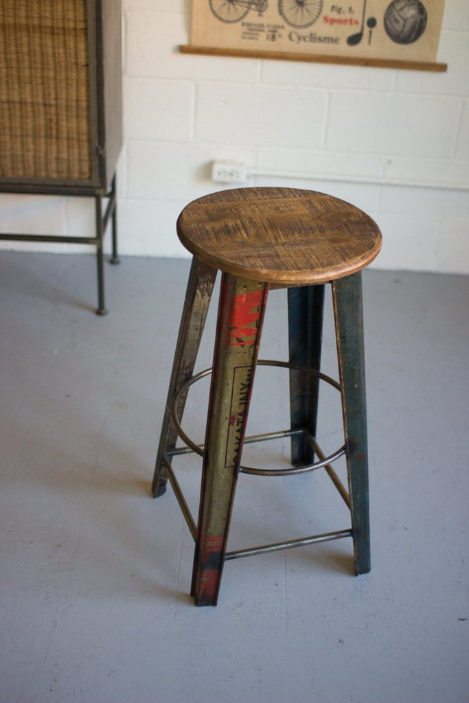 RECYCLED METAL BAR STOOL WITH WOODEN TOP